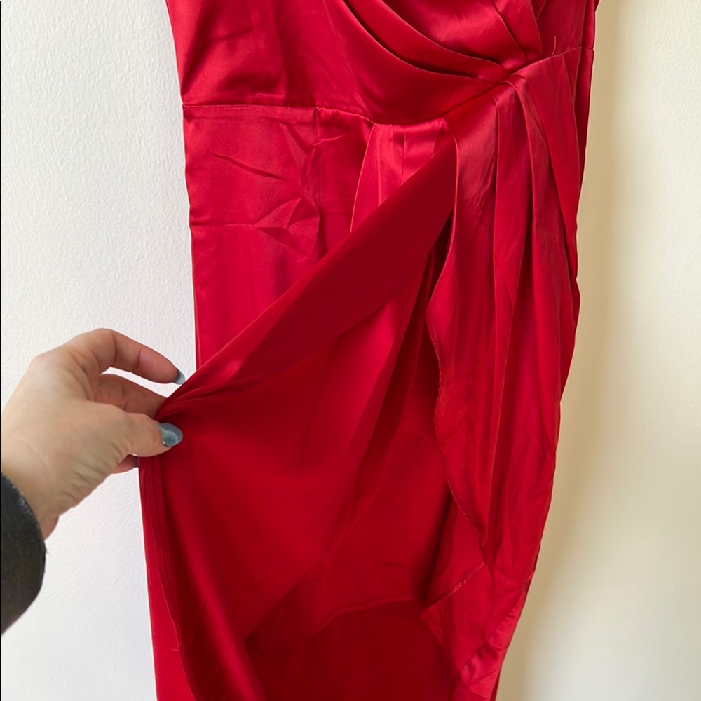 Lulus Law of Attraction Red Satin One-Shoulder Asymmetrical Midi Dress - Picture 4 of 8